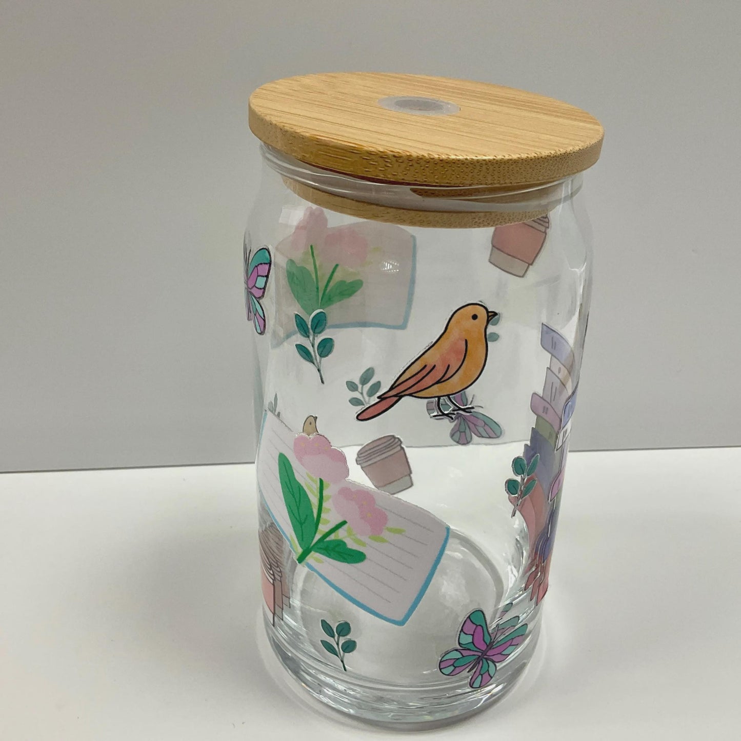 Spring Reading Glass Can, Iced Coffee Cup with Bamboo Lid (16oz)