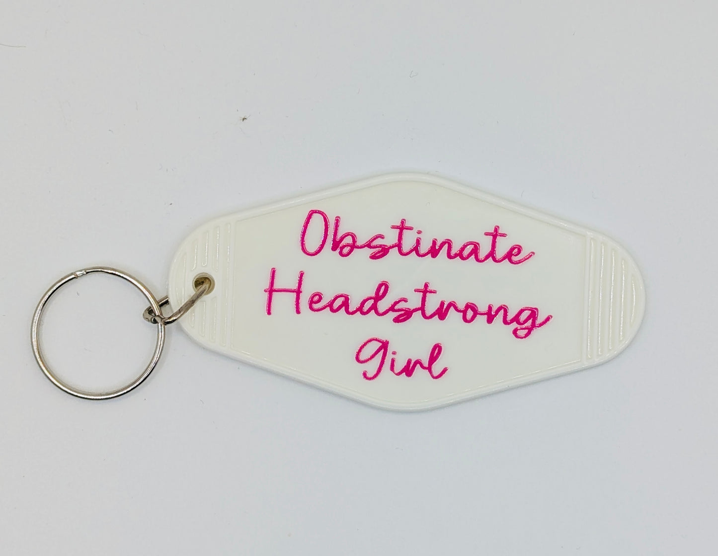 Obstinate Headstrong Girl Motel Keyring, retro keychain