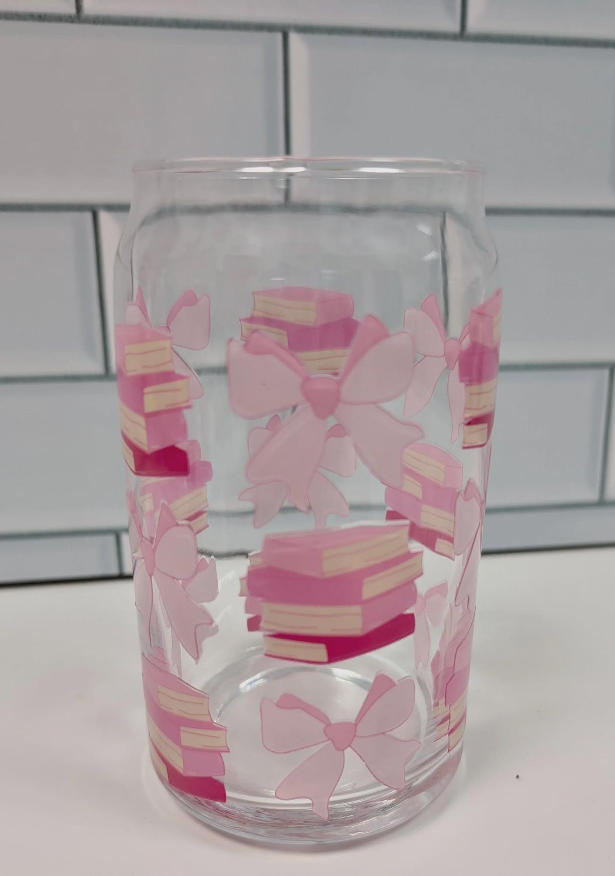 Books & Bows Glass Can, Iced Coffee Cup with Bamboo Lid (16oz) __etsy:7968347044