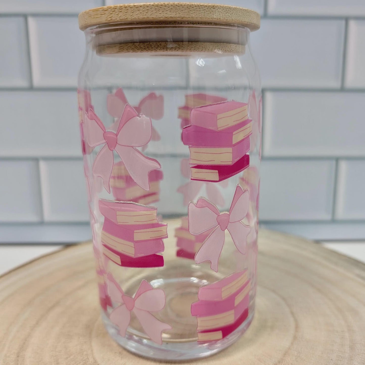 Books & Bows Glass Can, Iced Coffee Cup with Bamboo Lid (16oz)