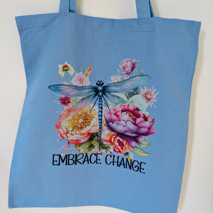 Embrace Change Dragonfly cotton tote bag, blue