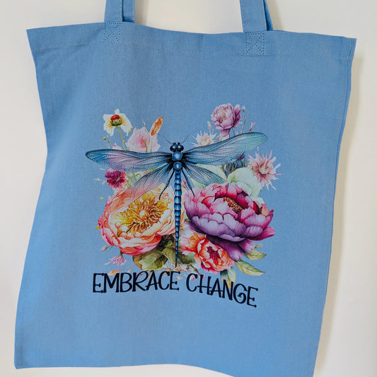 Embrace Change Dragonfly cotton tote bag, blue