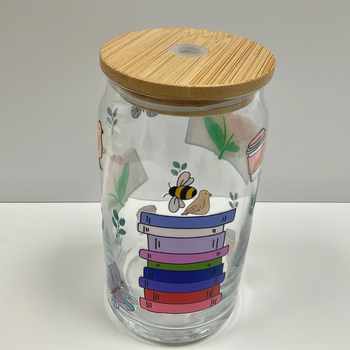 Spring Reading Glass Can, Iced Coffee Cup with Bamboo Lid (16oz)