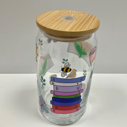 Spring Reading Glass Can, Iced Coffee Cup with Bamboo Lid (16oz)