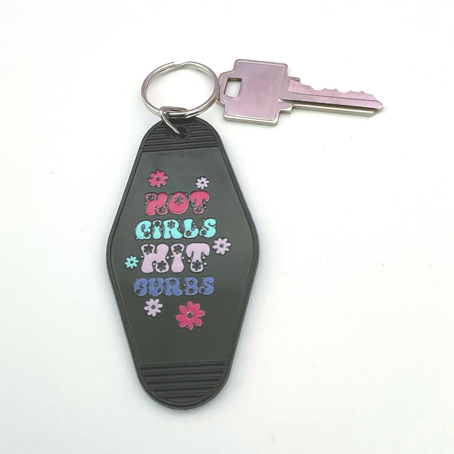 Hot Girls Hit Curbs Motel Keychain, retro keyring