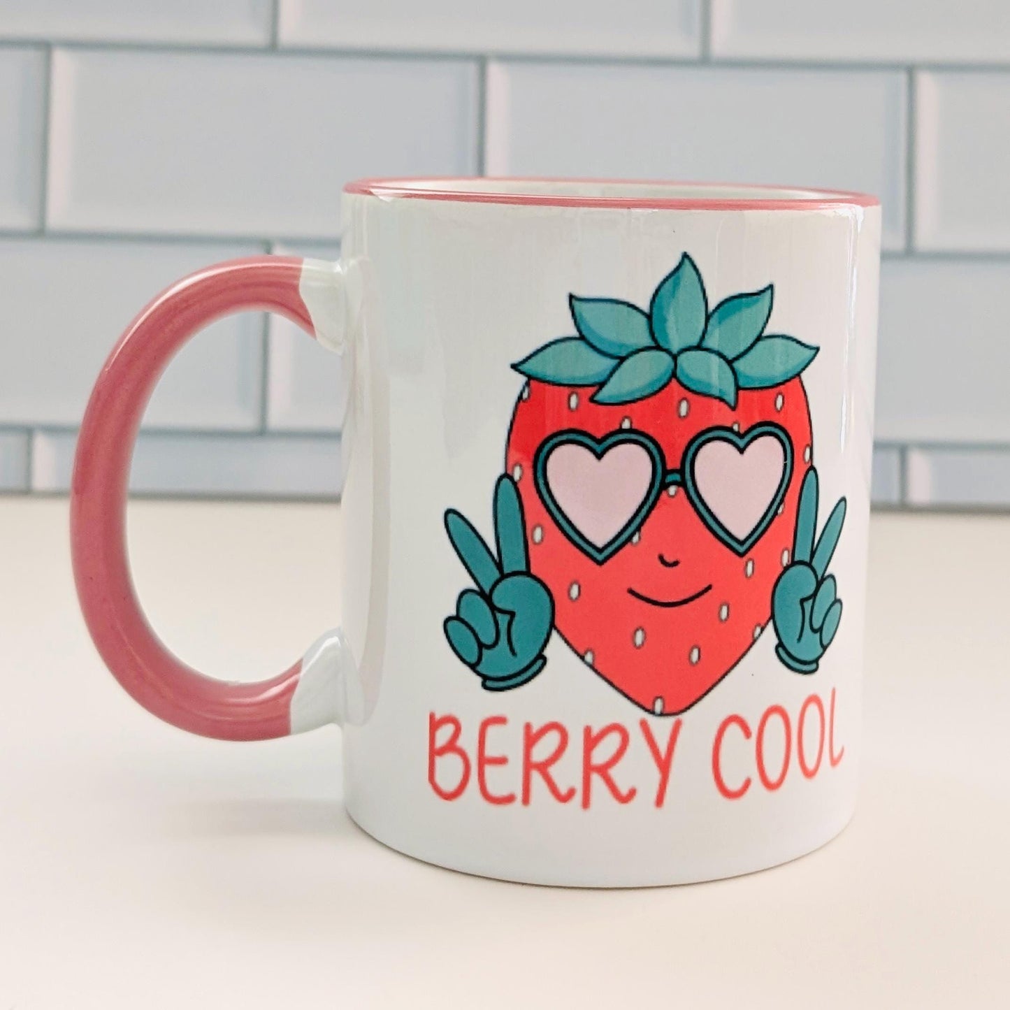Berry Cool Strawberry Ceramic Mug, Pink Handle