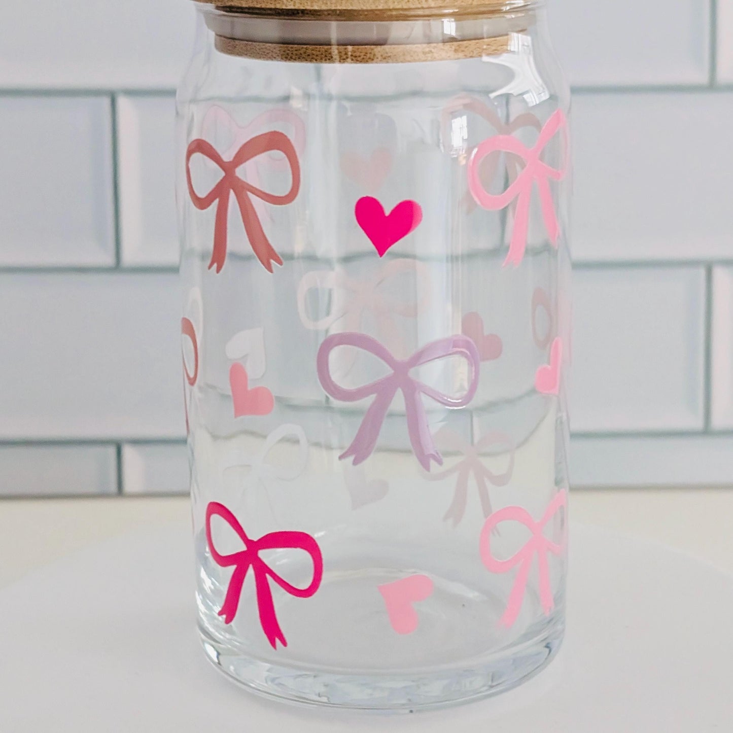 Pink Bows Glass Can: Iced Drink Cup with Bamboo Lid (16oz)