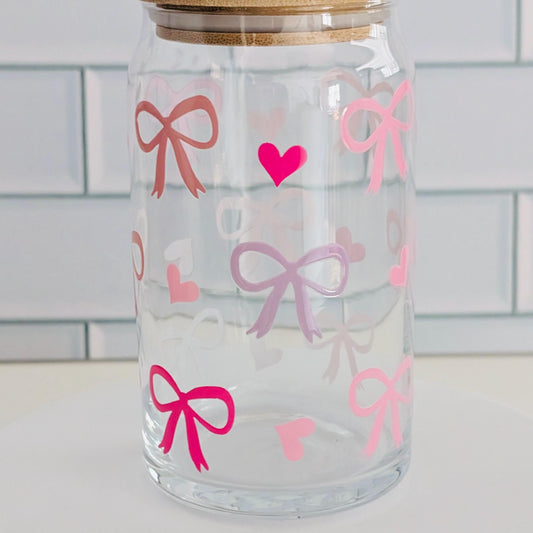 Pink Bows Glass Can: Iced Drink Cup with Bamboo Lid (16oz)