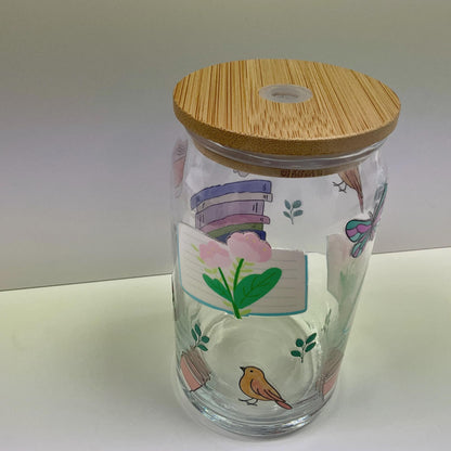 Spring Reading Glass Can, Iced Coffee Cup with Bamboo Lid (16oz)