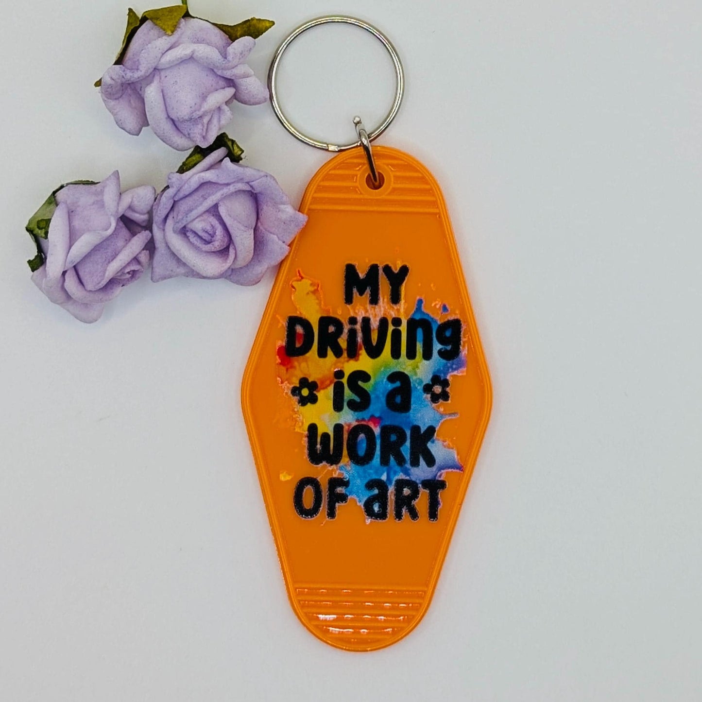 My Driving Is A Work Of Art Motel Keychain, retro keyring