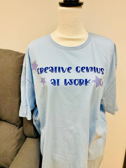Creative Genius At Work T-Shirt, light blue colour, graphic cotton tee