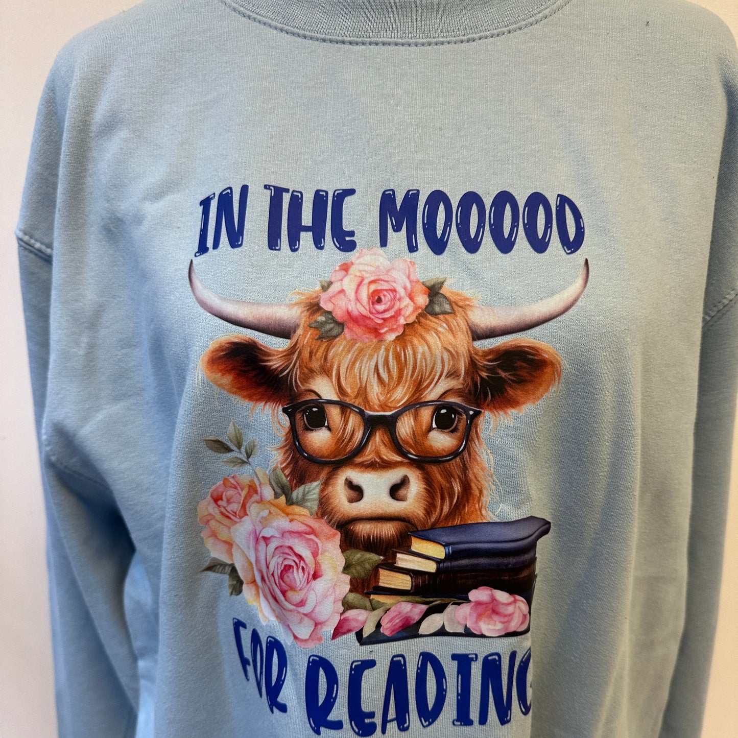 In the Mooood for Reading sweatshirt in blue