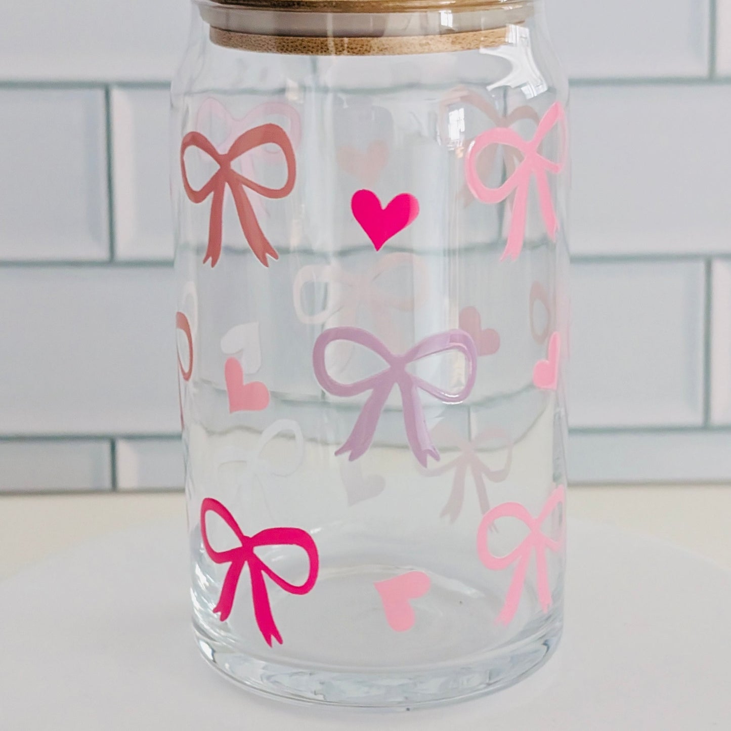 Pink Bows Glass Can, 16oz, Libbey Glass