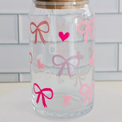 Pink Bows Glass Can, 16oz, Libbey Glass