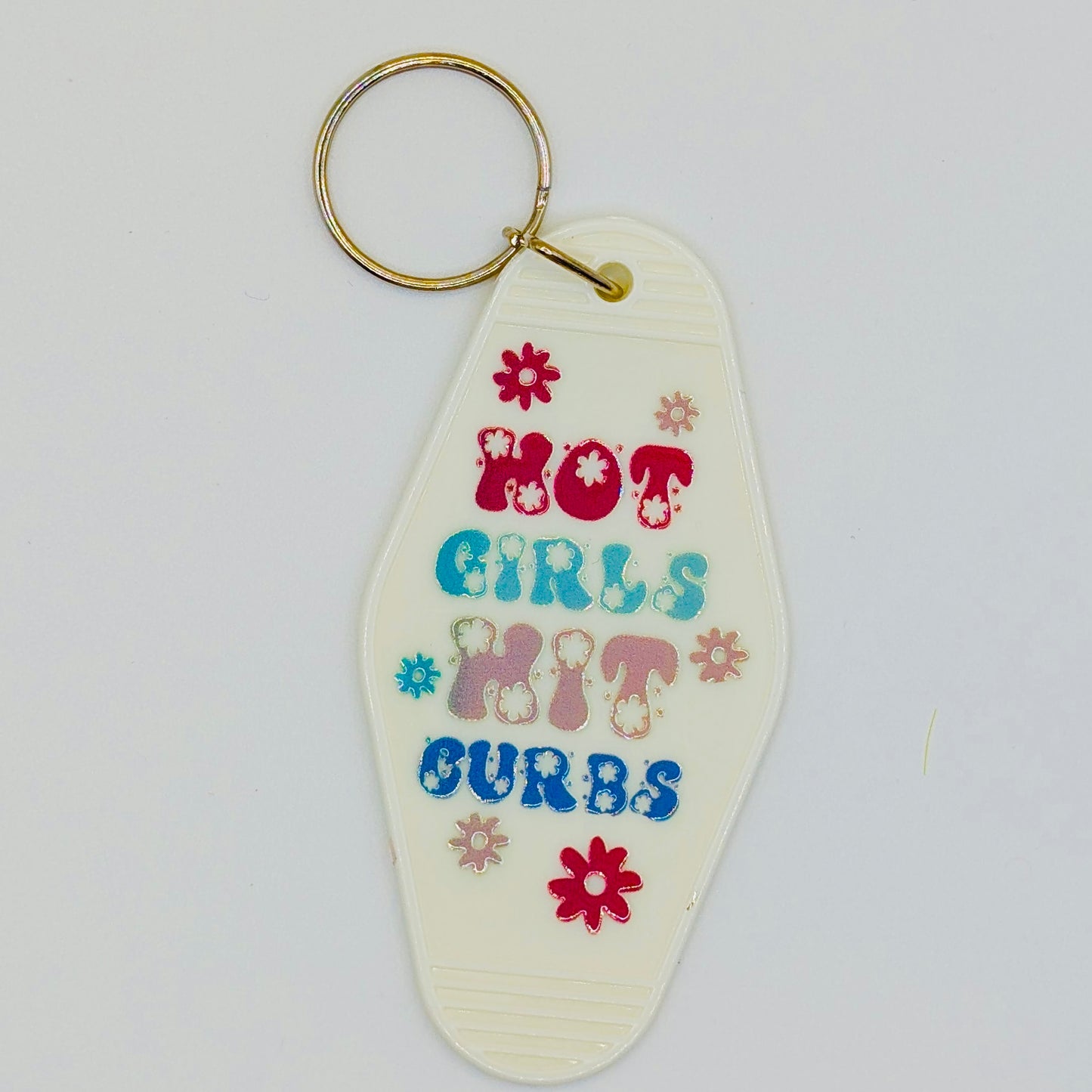 Hot Girls Hit Curbs Motel Keyring, retro keychain