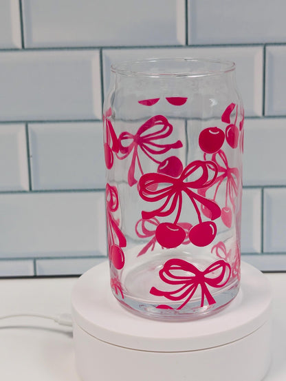 Cherry Glass Can: Iced Drink Glass with Bamboo Lid - 16oz