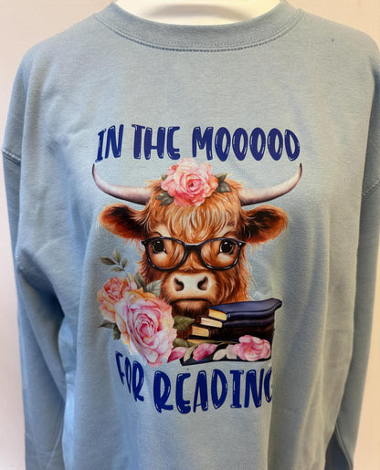 In the Mooood For Reading sweatshirt, Reading Highland Cow, unisex blue top