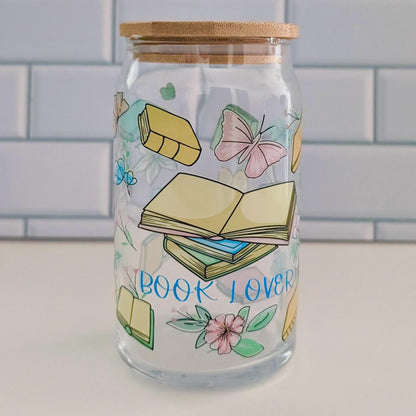 Book Lover Glass Can, Iced Coffee Cup with Bamboo Lid (16oz)