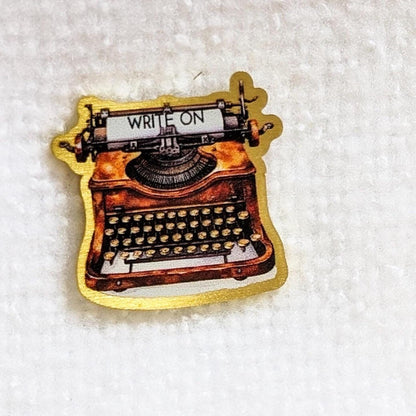 Typewriter Metal Pin, WRITE ON, Author Gift