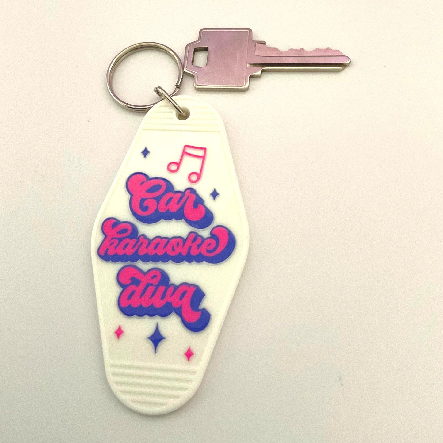Car Karaoke Diva Motel Keychain, retro keyring