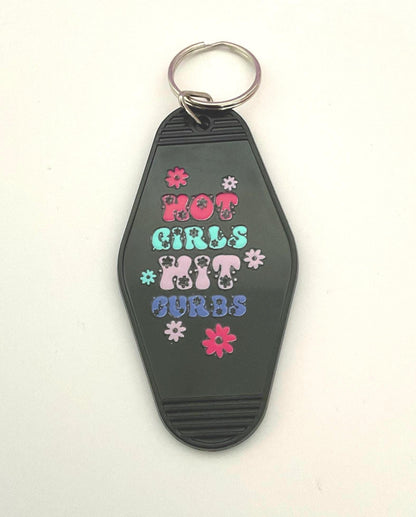 Hot Girls Hit Curbs Motel Keychain, retro keyring