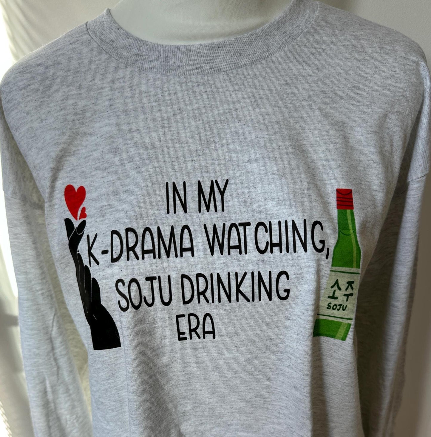 In My K-drama Watching, Soju Drinking Era long-sleeve t-shirt in ash, graphic tee