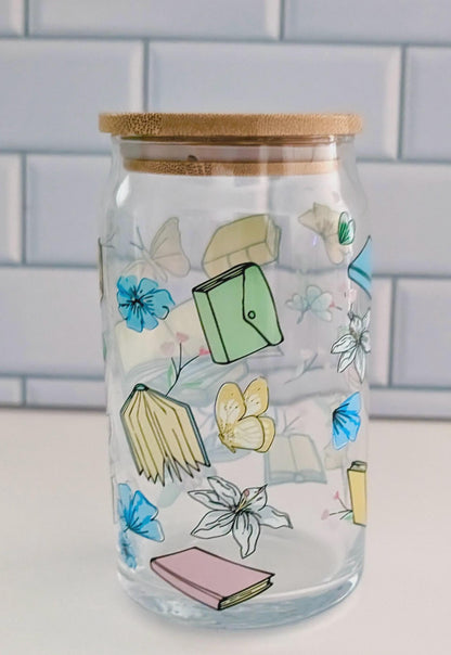 Book Lover Glass Can, Iced Coffee Cup with Bamboo Lid (16oz)