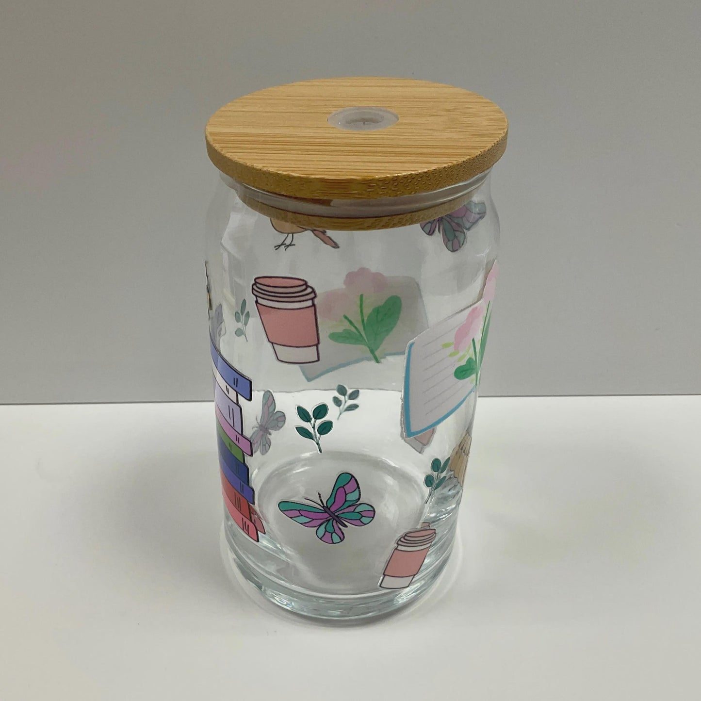 Spring Reading Glass Can, Iced Coffee Cup with Bamboo Lid (16oz)