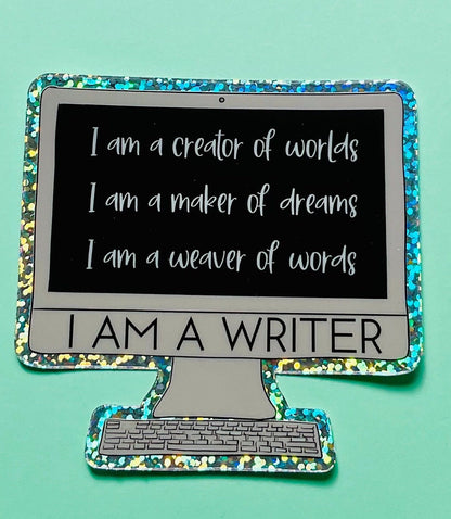 I AM A WRITER Computer Glitter Die Cut Sticker