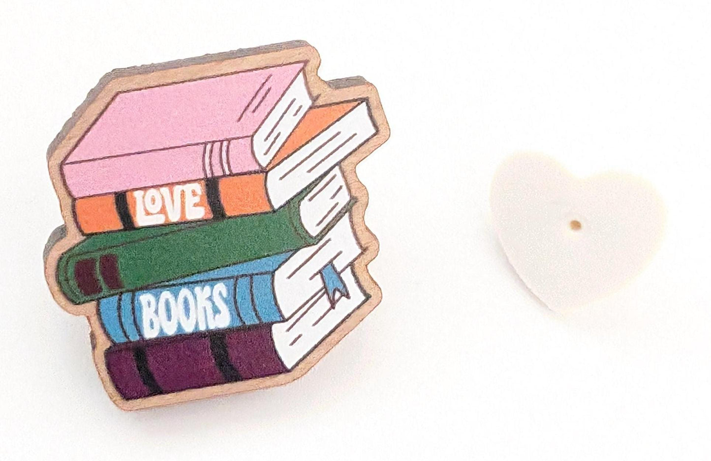 Book Stack Wooden Pin, 'Love Books' Decorative Statement Pin