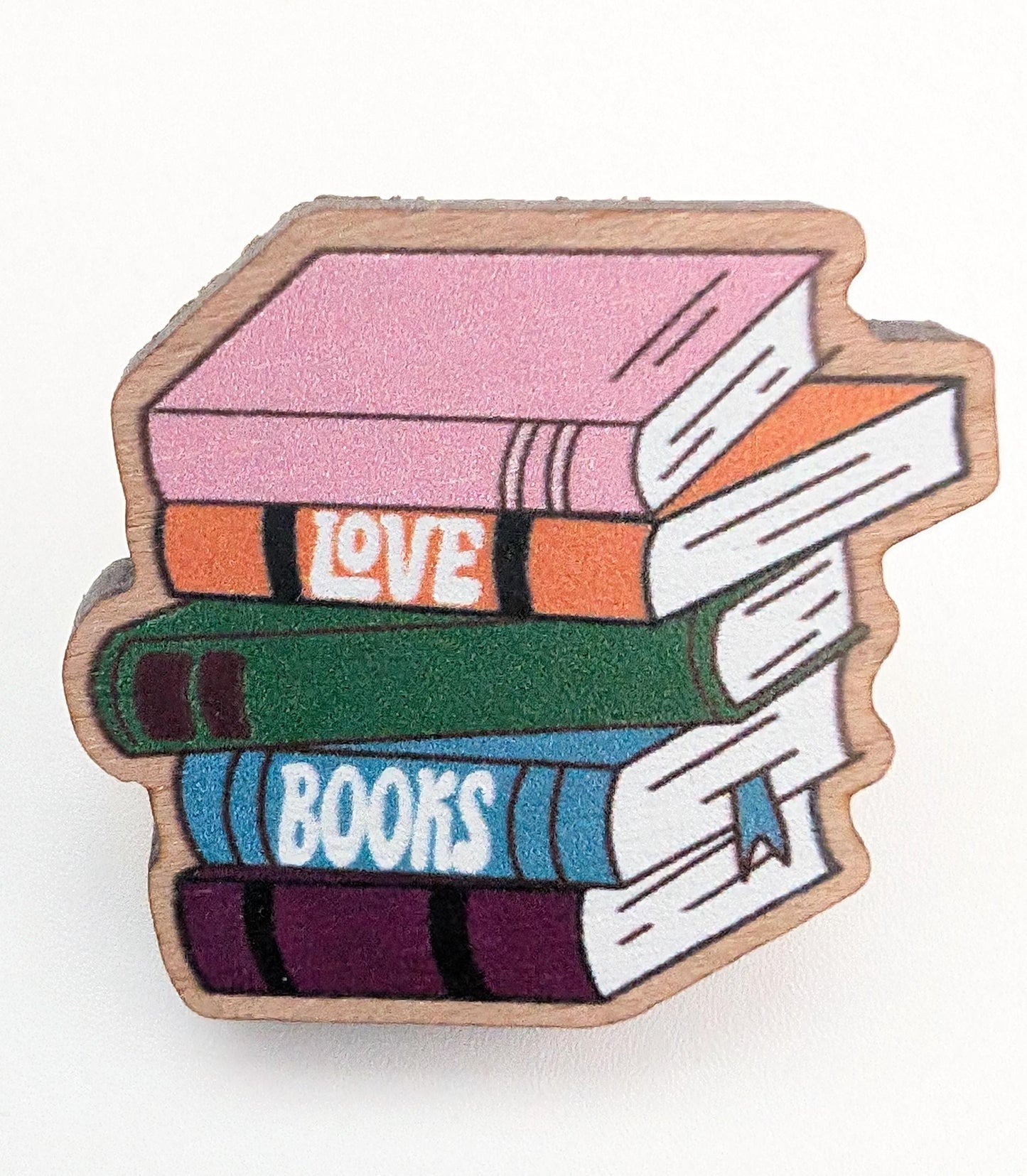 Book Stack Wooden Pin, 'Love Books' Decorative Statement Pin