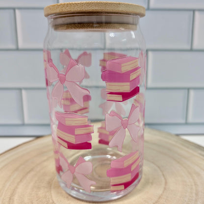 Books & Bows Glass Can, Iced Coffee Cup, Bamboo Lid, 16oz