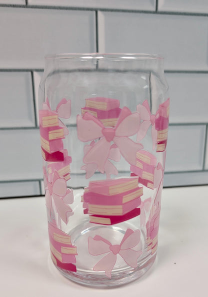 Books & Bows Glass Can, Iced Coffee Cup, Bamboo Lid, 16oz