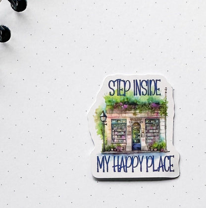 Step Inside My Happy Place Bookshop die cut stickers __etsy:7993539304