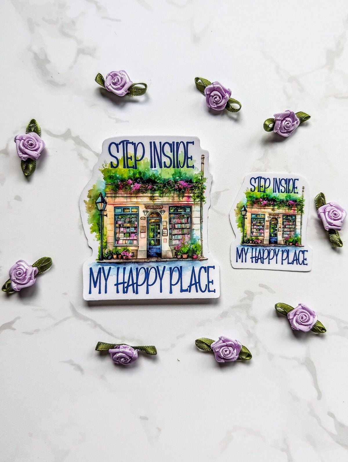 Step Inside My Happy Place Bookshop die cut stickers __etsy:7993539312