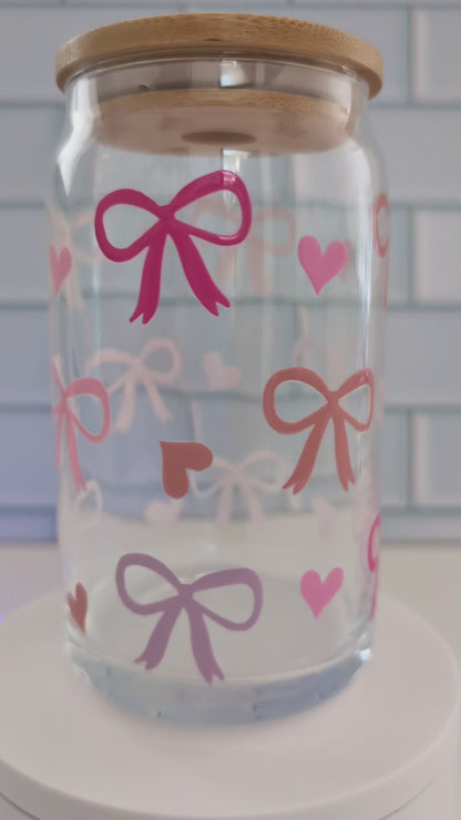 Pink Bows Glass Can, 16oz, Libbey Glass